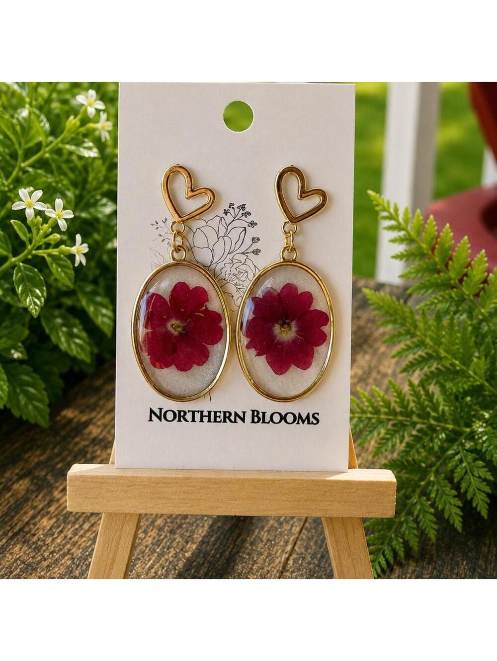 Handmade Red pressed Flower Cottage core Oval Drop Earrings
